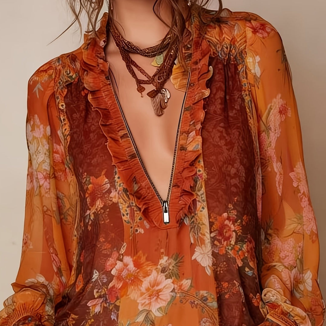 Blouse Imprimée Florale à Zip Demi