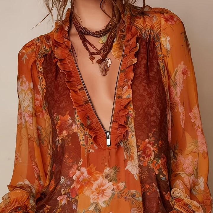Blouse Imprimée Florale à Zip Demi