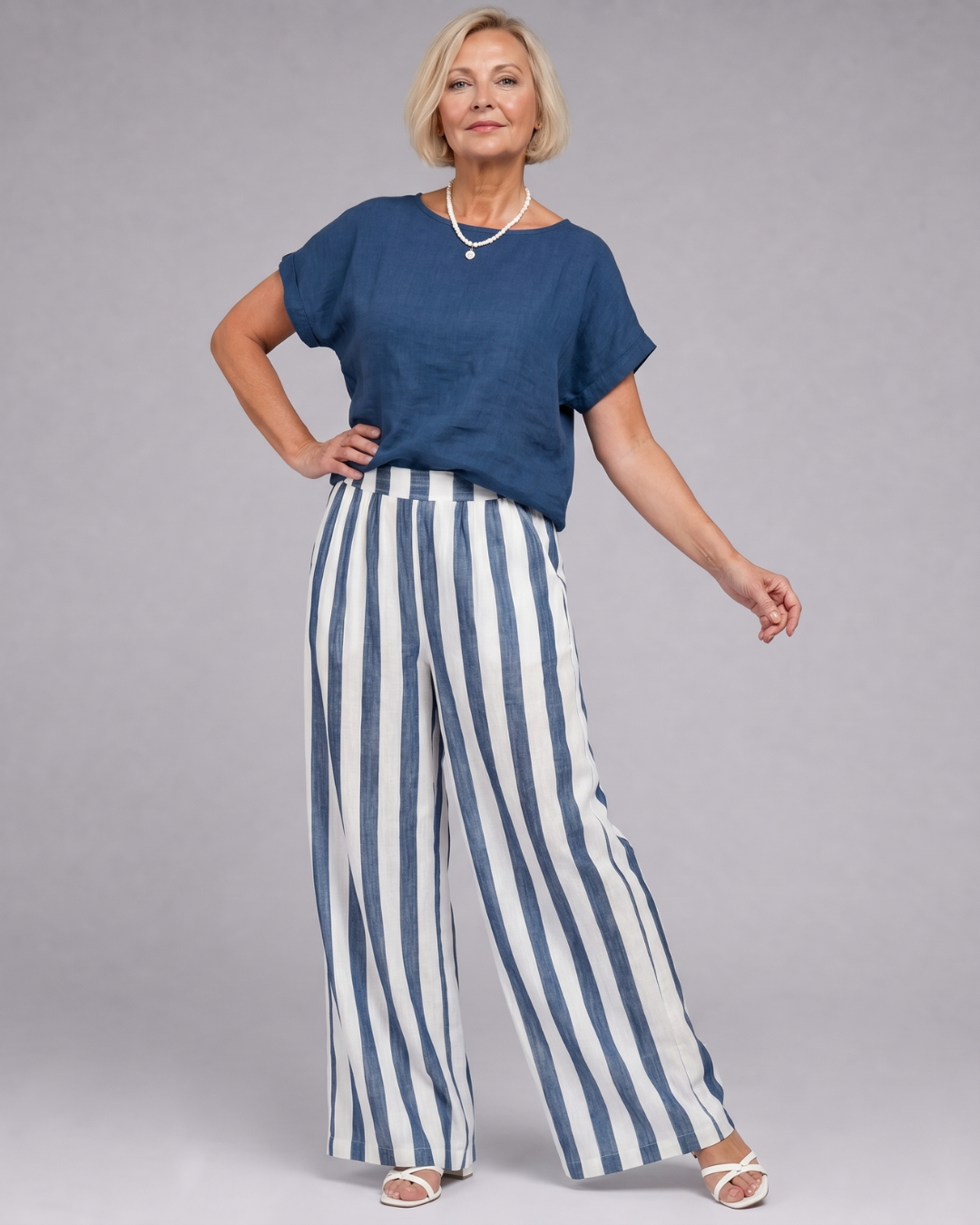 Miolna | Ensemble Top en Mélange de Lin et Pantalons à Jambes Larges Rayés