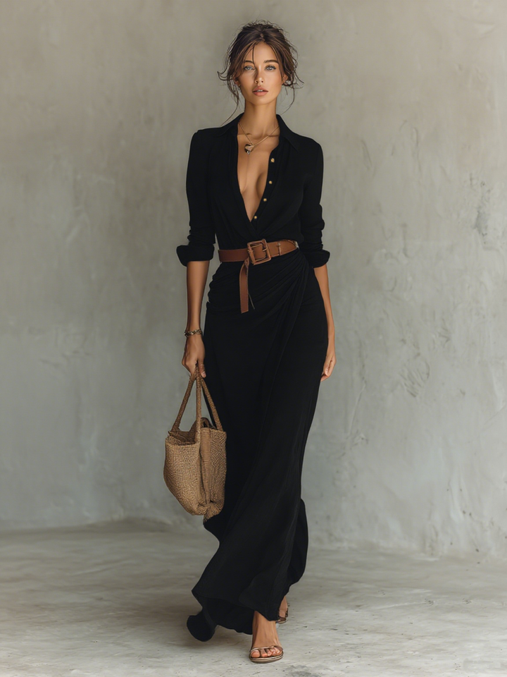 Robe Maxi Ceinturée à Manches Longues à Revers pour Femmes