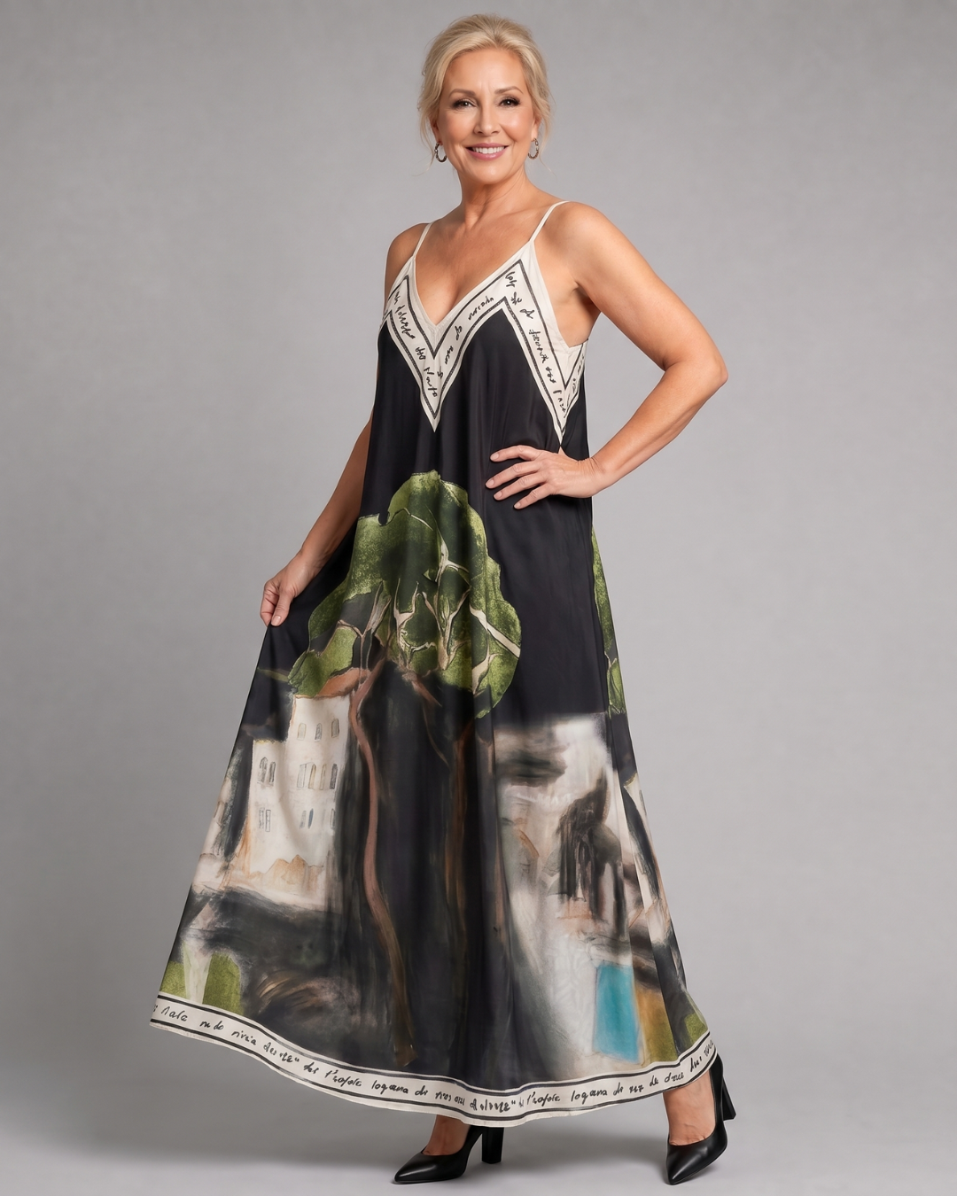 Lira | Robe Midi Flottante Sans Manches avec Imprimé Paysager