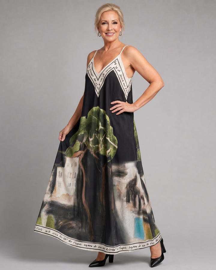Lira | Robe Midi Flottante Sans Manches avec Imprimé Paysager