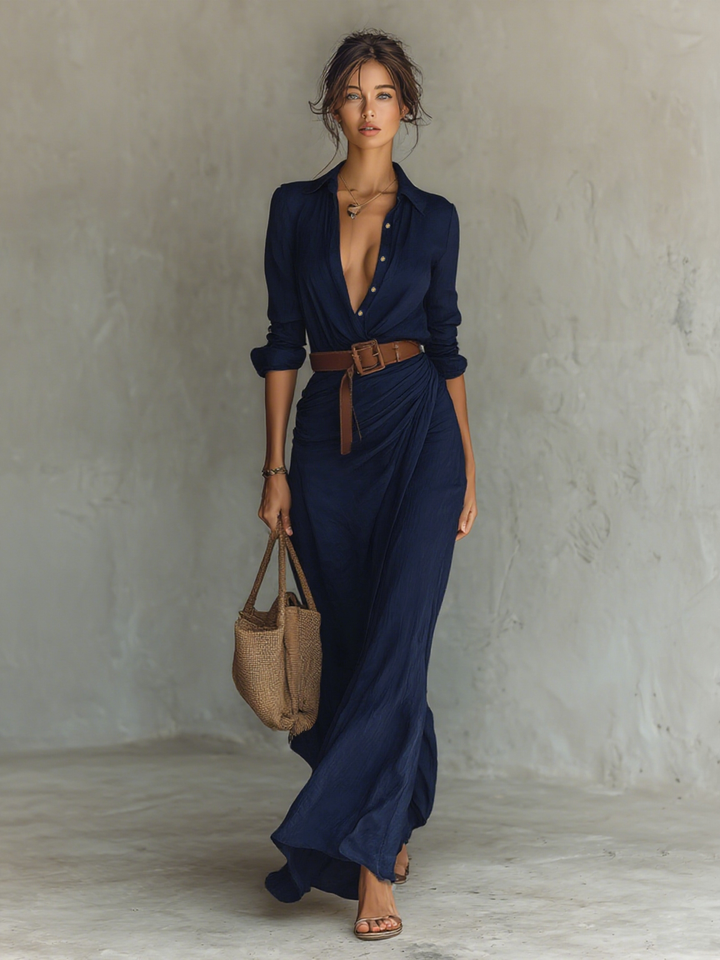 Robe Maxi Ceinturée à Manches Longues à Revers pour Femmes