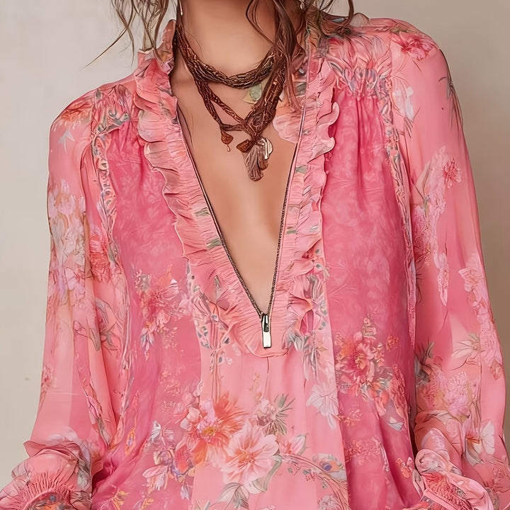 Blouse Imprimée Florale à Zip Demi