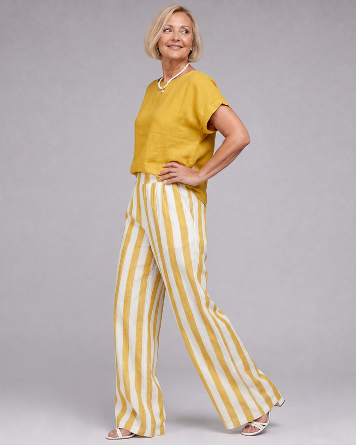 Miolna | Ensemble Top en Mélange de Lin et Pantalons à Jambes Larges Rayés