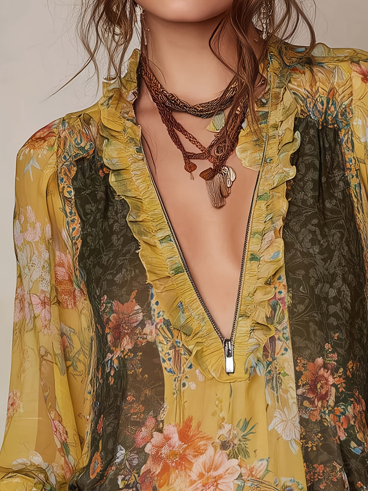 Blouse Imprimée Florale à Zip Demi