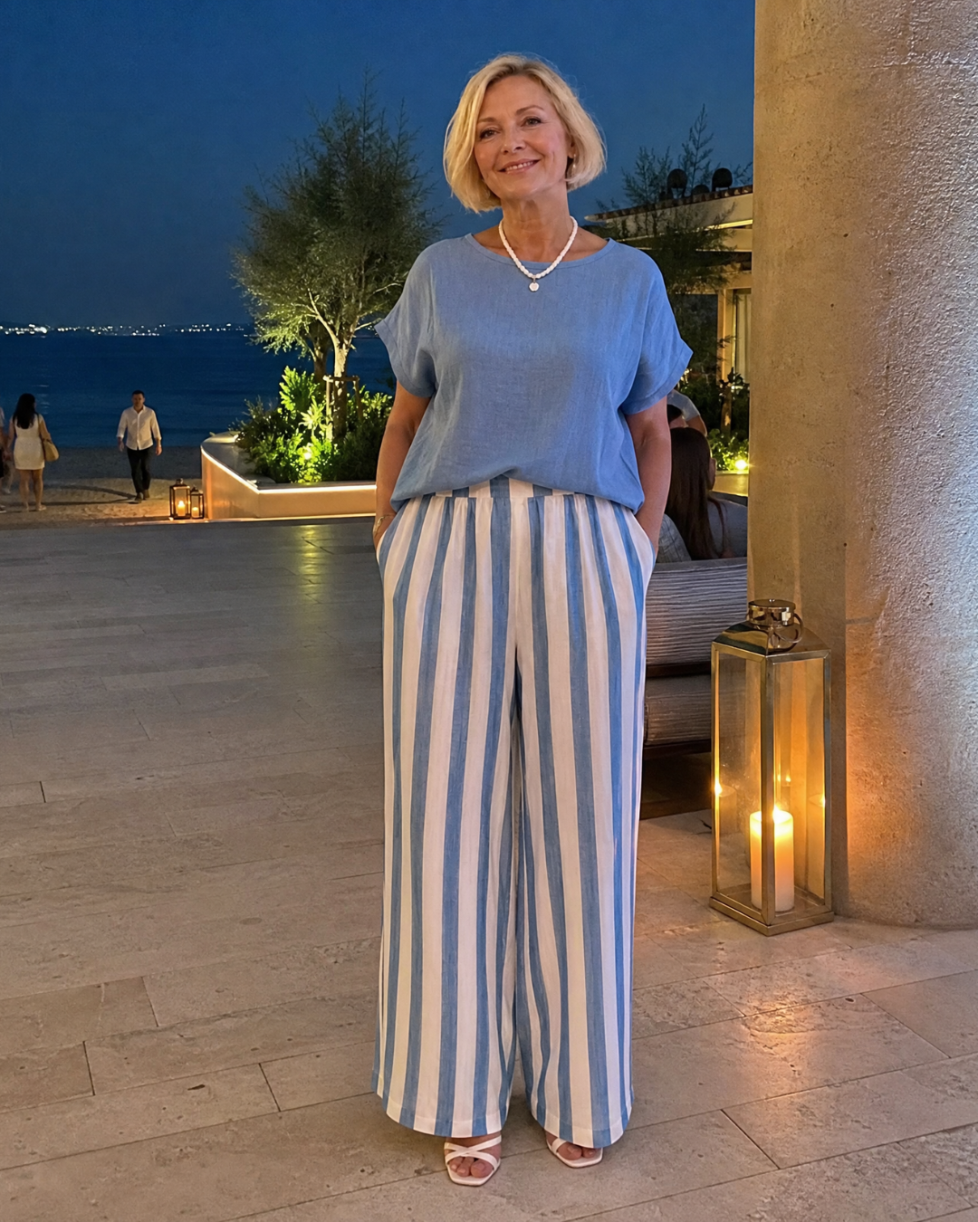 Miolna | Ensemble Top en Mélange de Lin et Pantalons à Jambes Larges Rayés