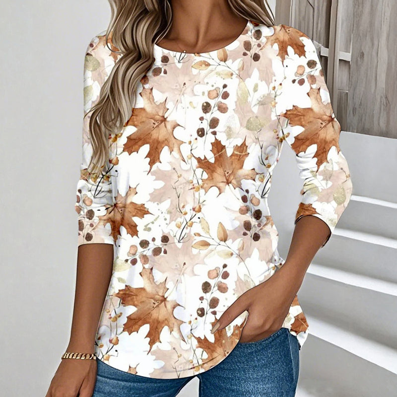【Long Sleeve】Casual Leaf Print T-Shirt