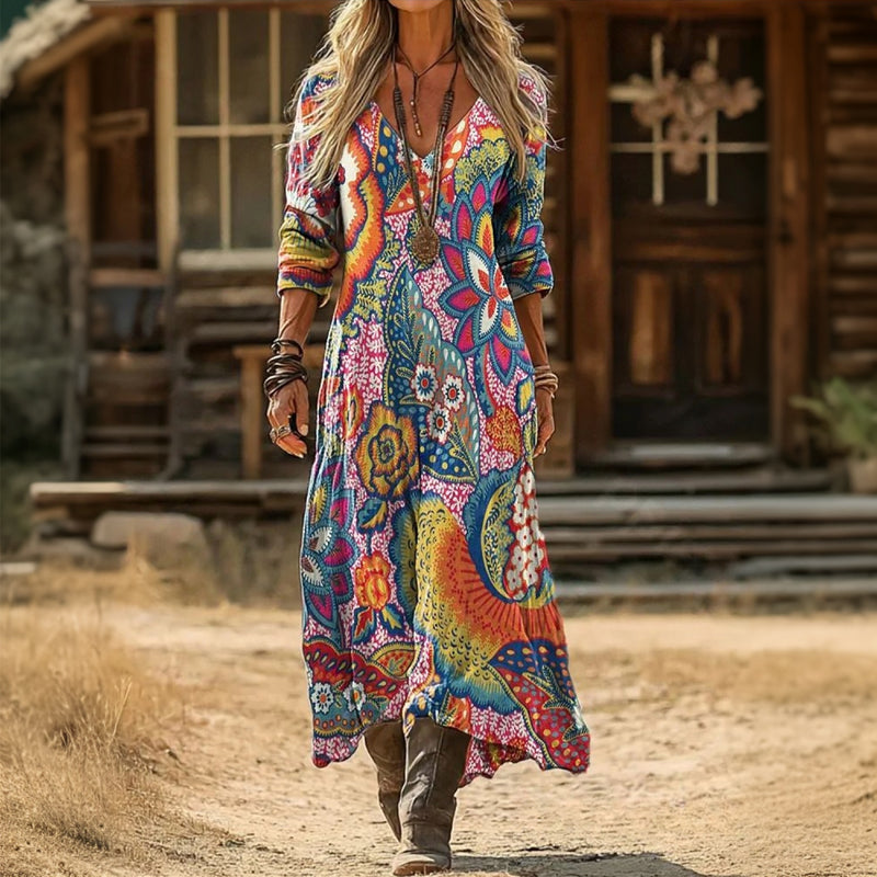【Long Sleeve】Colourful Floral Print Dress