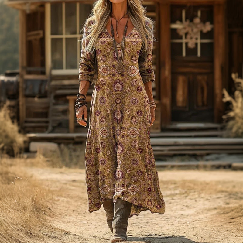 【Long Sleeve】Vintage Ethnic Print Dress