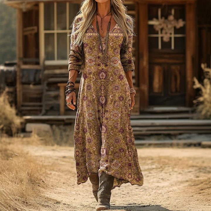 【Long Sleeve】Vintage Ethnic Print Dress