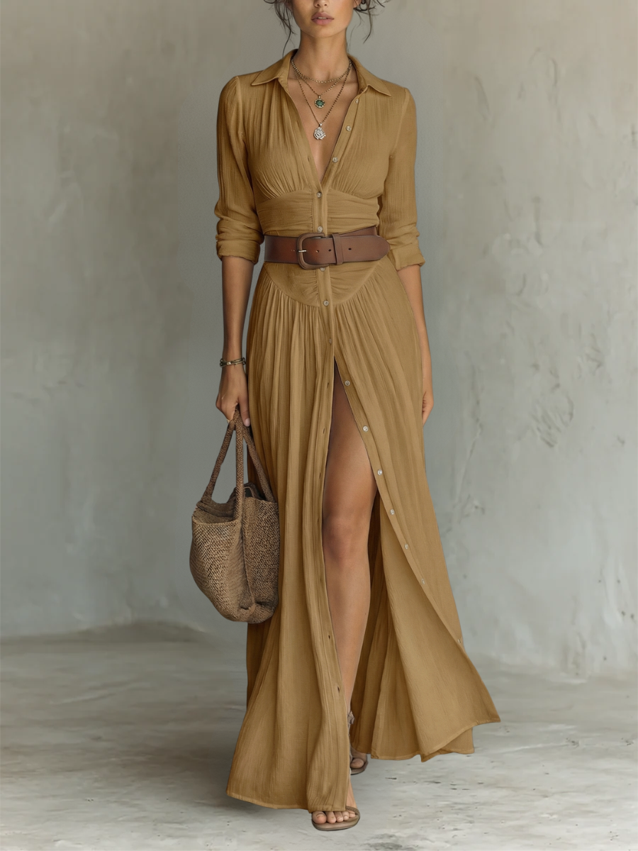 ESSENTIEL - Robe Maxi Longue avec Col Noté et Manches Longues pour Femmes