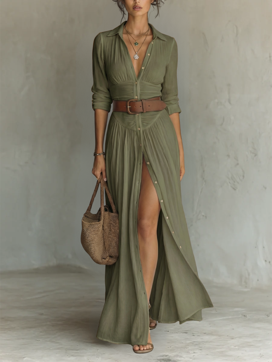 ESSENTIEL - Robe Maxi Longue avec Col Noté et Manches Longues pour Femmes