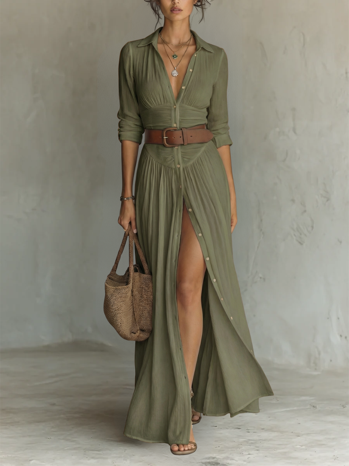 ESSENTIEL - Robe Maxi Longue avec Col Noté et Manches Longues pour Femmes