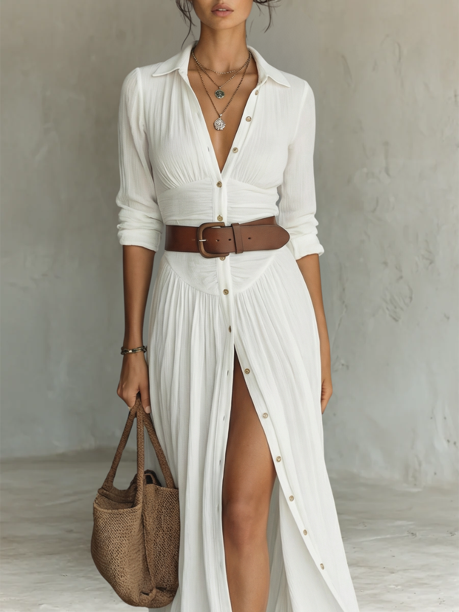 ESSENTIEL - Robe Maxi Longue avec Col Noté et Manches Longues pour Femmes