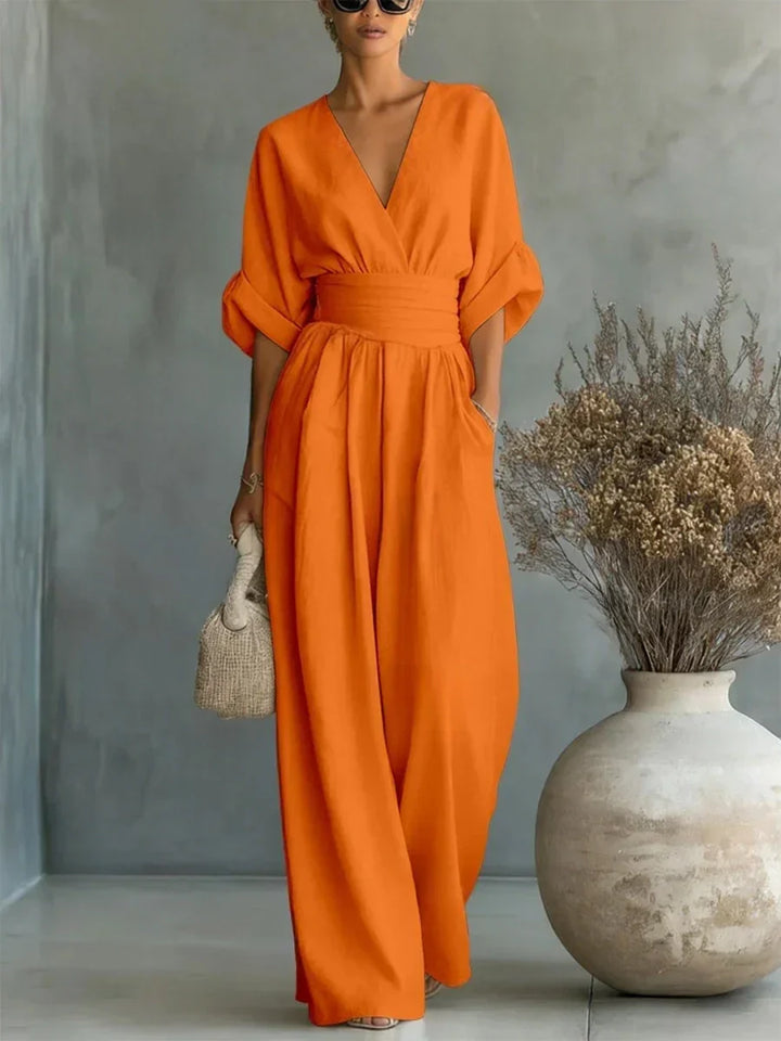 Jumpsuit Élégant à Col V et Taille Haute