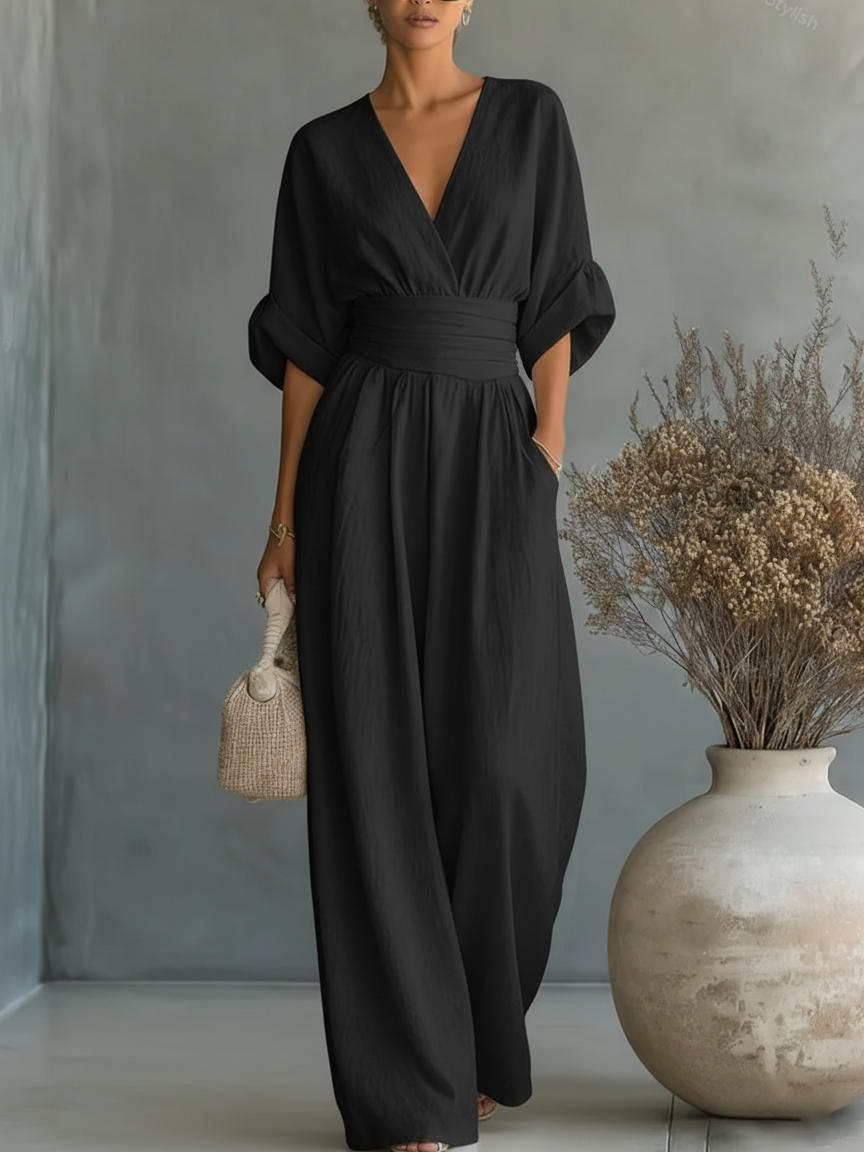 Jumpsuit Élégant à Col V et Taille Haute