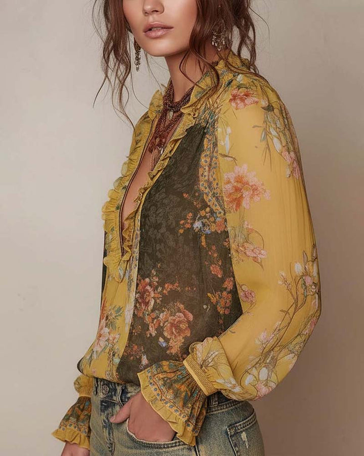 Blouse Imprimée Florale à Zip Demi