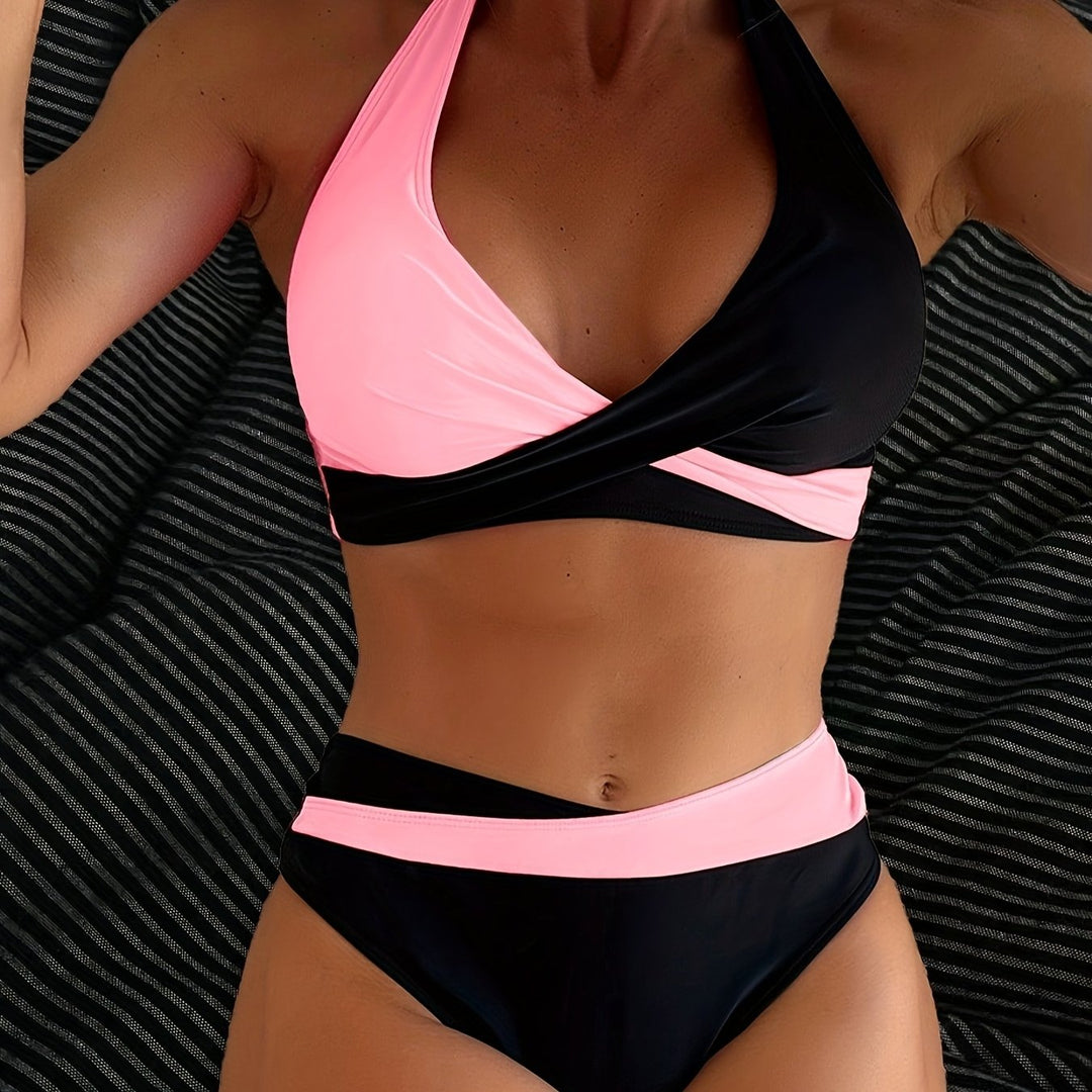 Solid Color Cross‑Back Halter Bikini Set