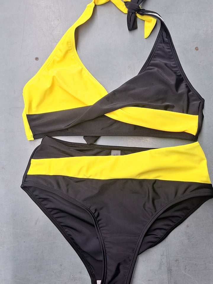 Solid Color Cross‑Back Halter Bikini Set