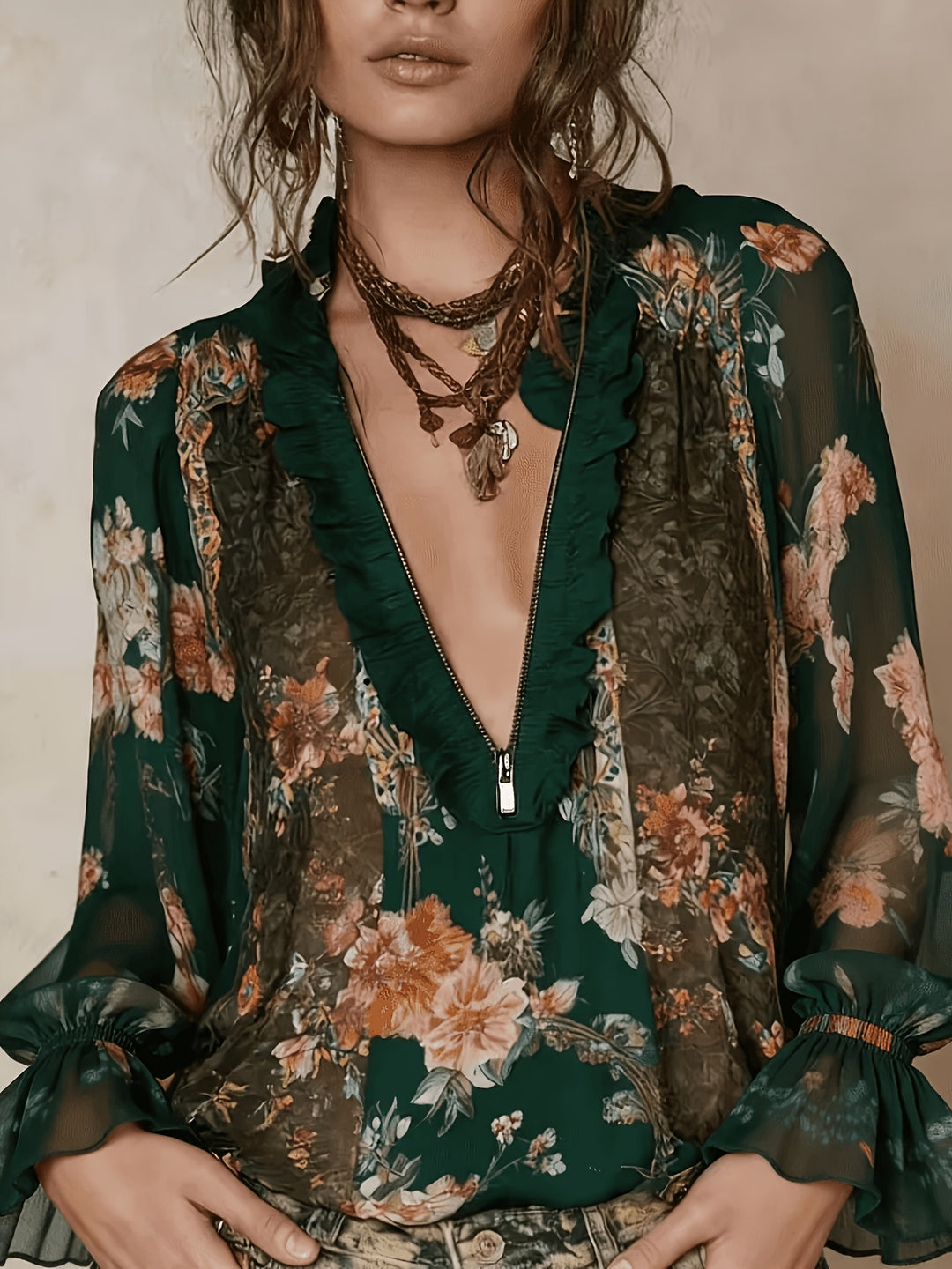 Blouse Imprimée Florale à Zip Demi