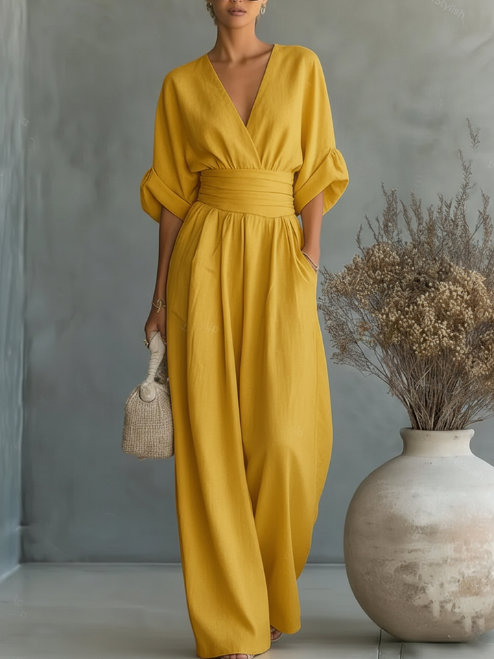 Jumpsuit Élégant à Col V et Taille Haute