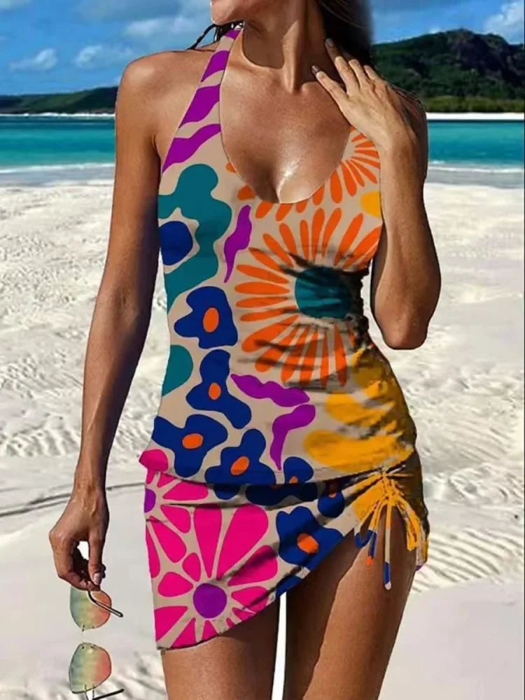Fiesta - Floral tankini set with graphic design that covers the abdomen