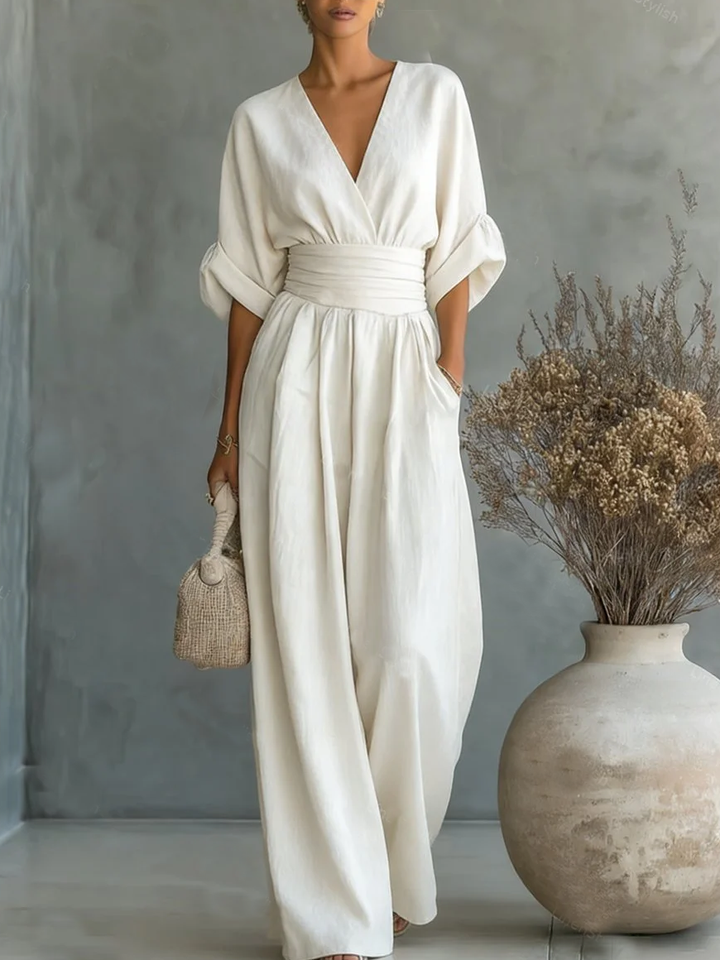 Jumpsuit Élégant à Col V et Taille Haute