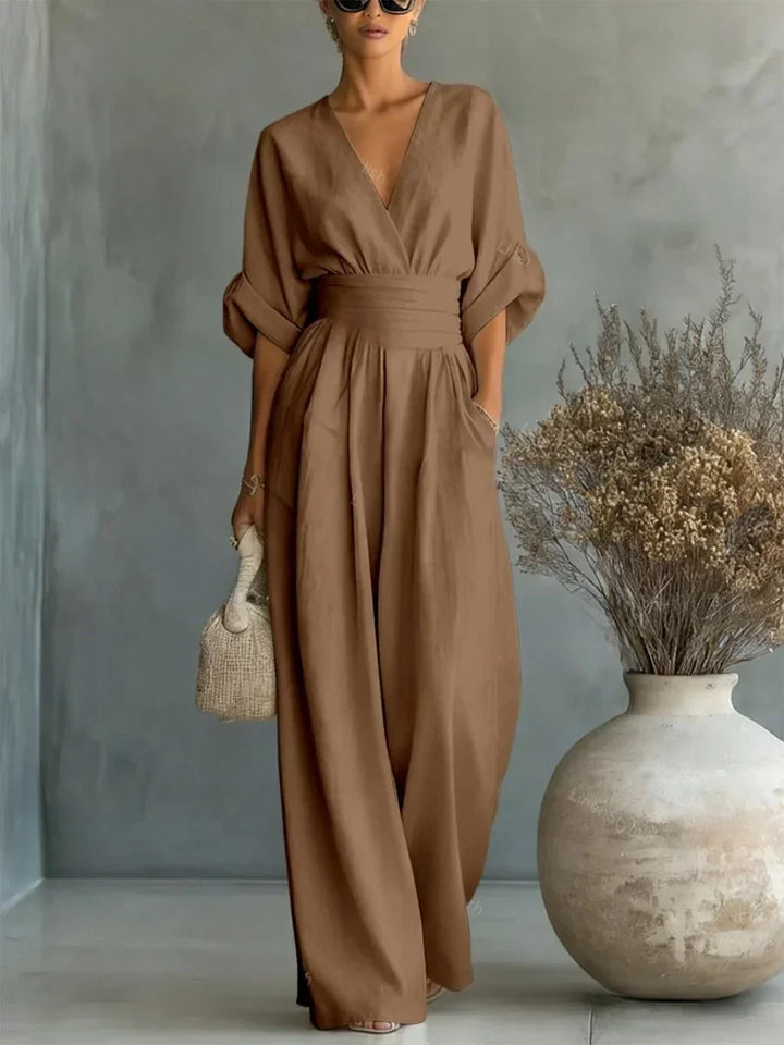 Jumpsuit Élégant à Col V et Taille Haute