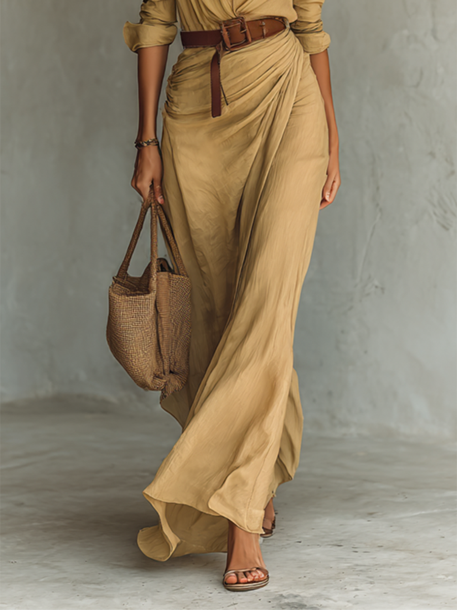 Robe Maxi Ceinturée à Manches Longues à Revers pour Femmes