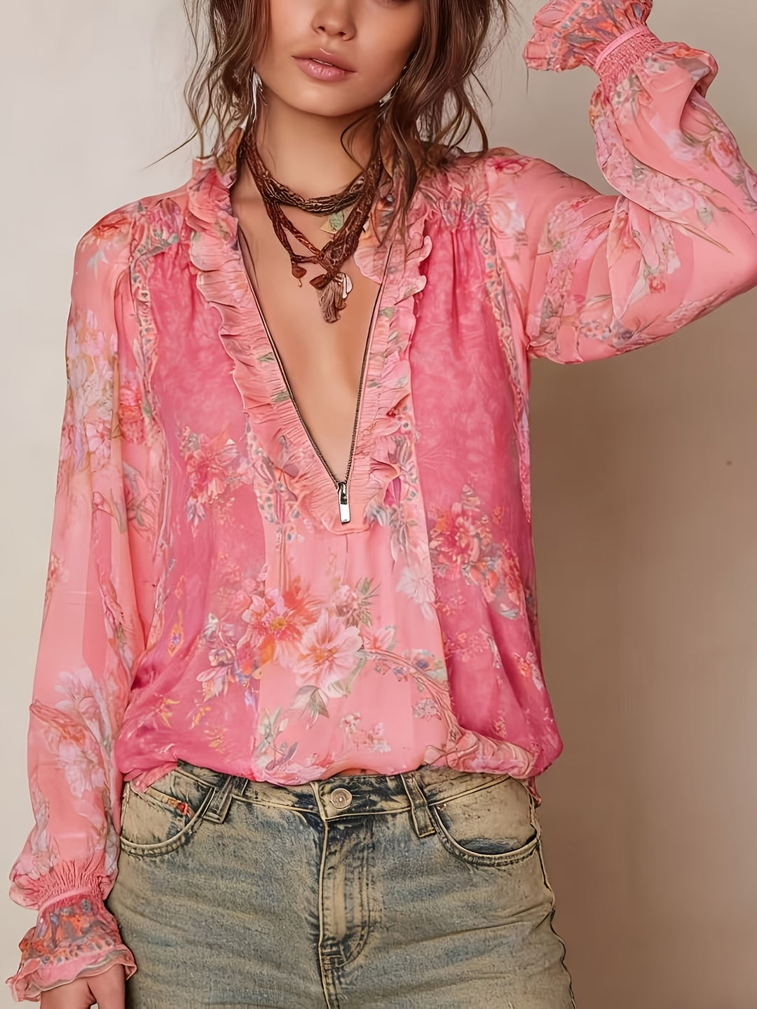 Blouse Imprimée Florale à Zip Demi