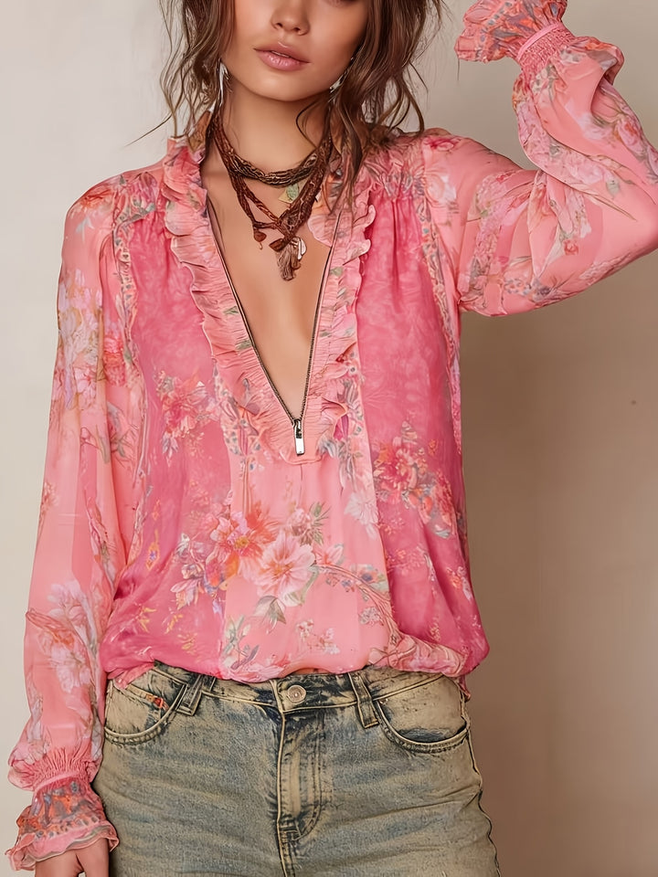 Blouse Imprimée Florale à Zip Demi