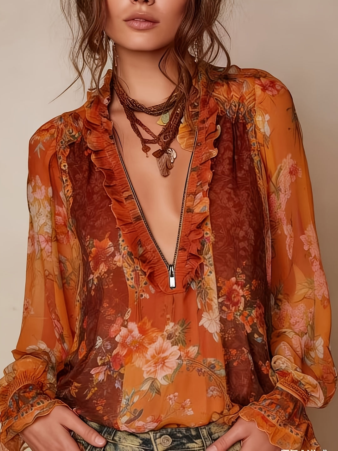 Blouse Imprimée Florale à Zip Demi