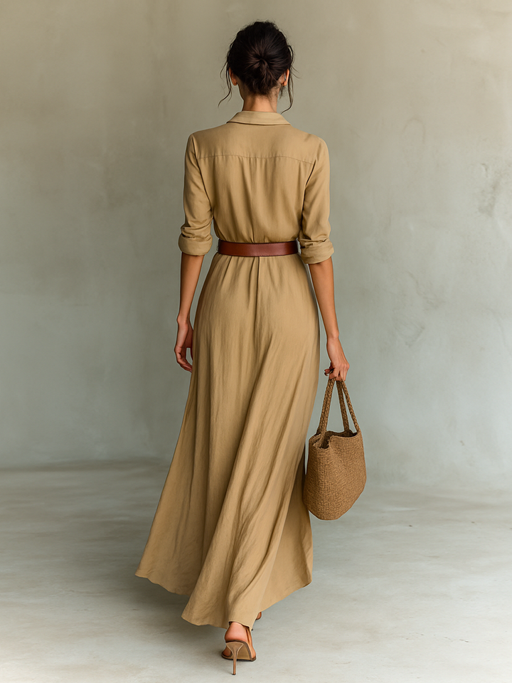 Robe Maxi Ceinturée à Manches Longues à Revers pour Femmes