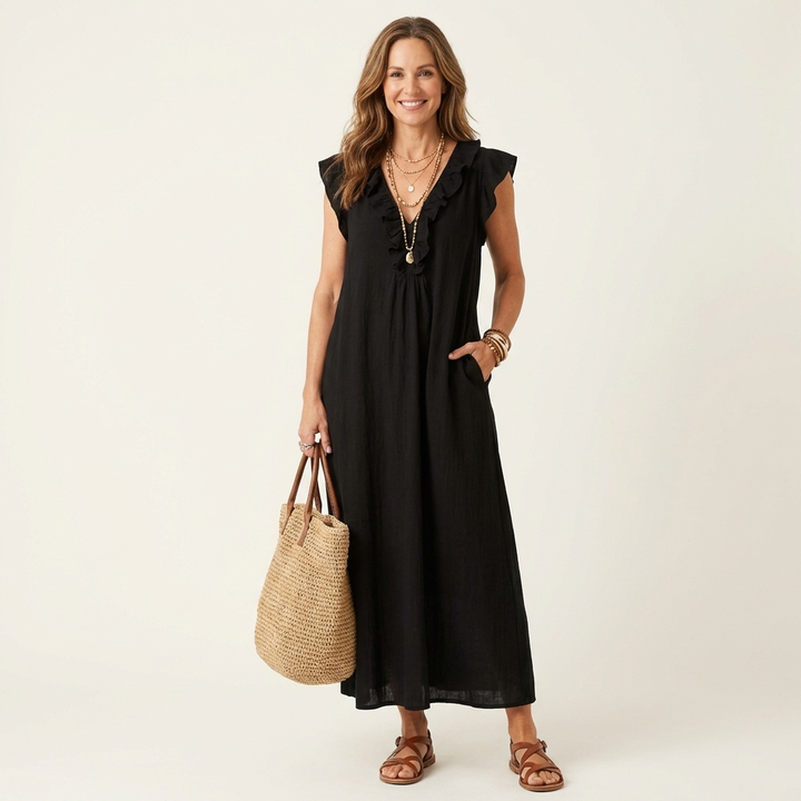 Josette | Robe Maxi en Lin à Volants et Décolleté en V