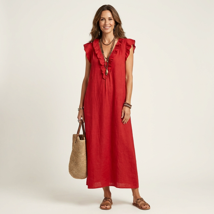 Josette | Robe Maxi en Lin à Volants et Décolleté en V