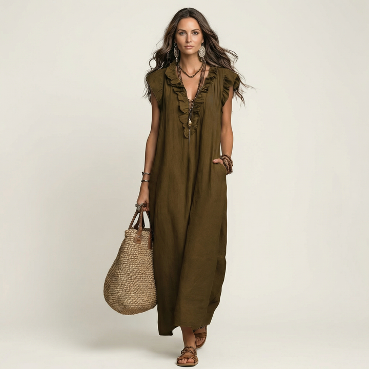 Josette | Robe Maxi en Lin à Volants et Décolleté en V