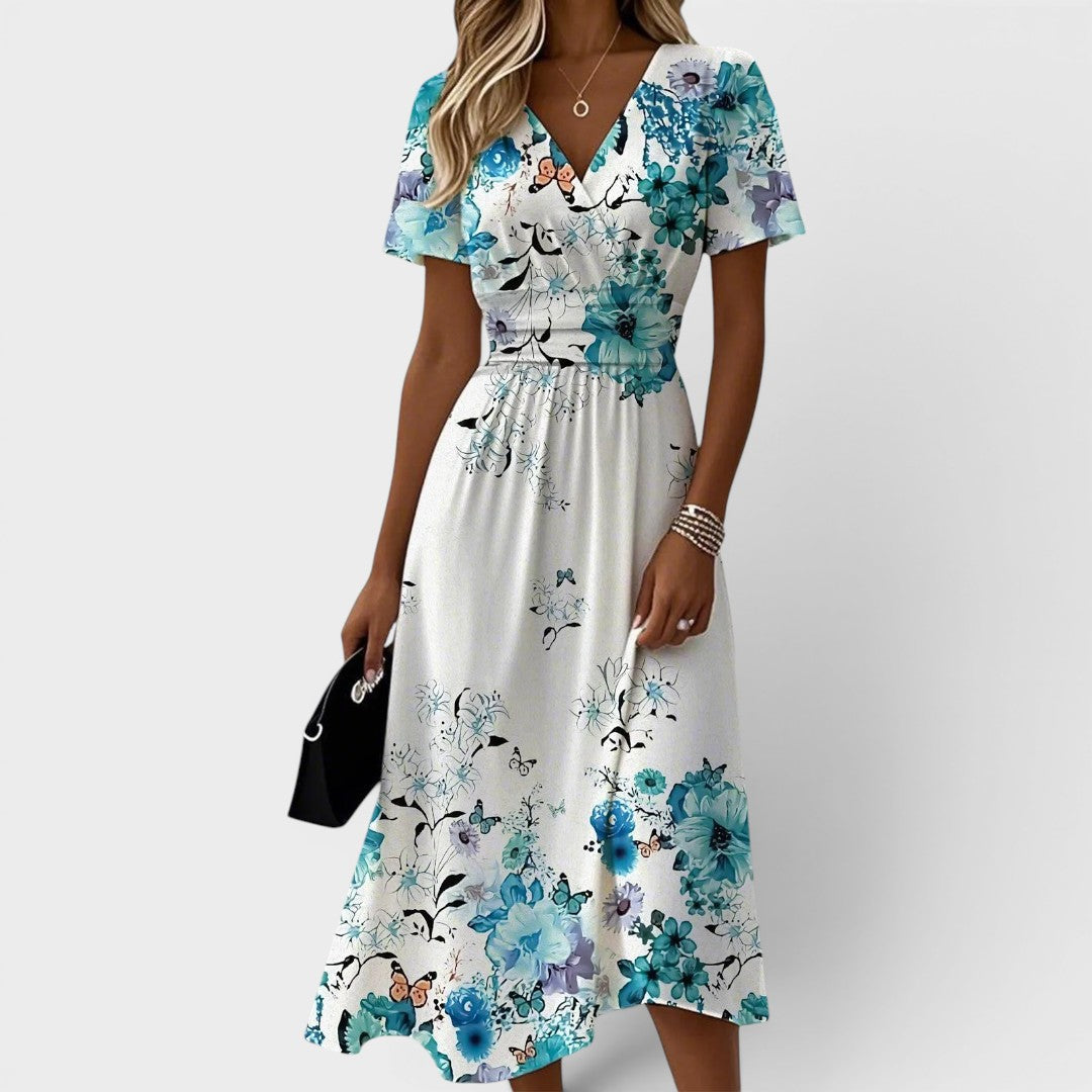 Seraphina | Robe Midi à Manches Volantes Fleurie Bleue