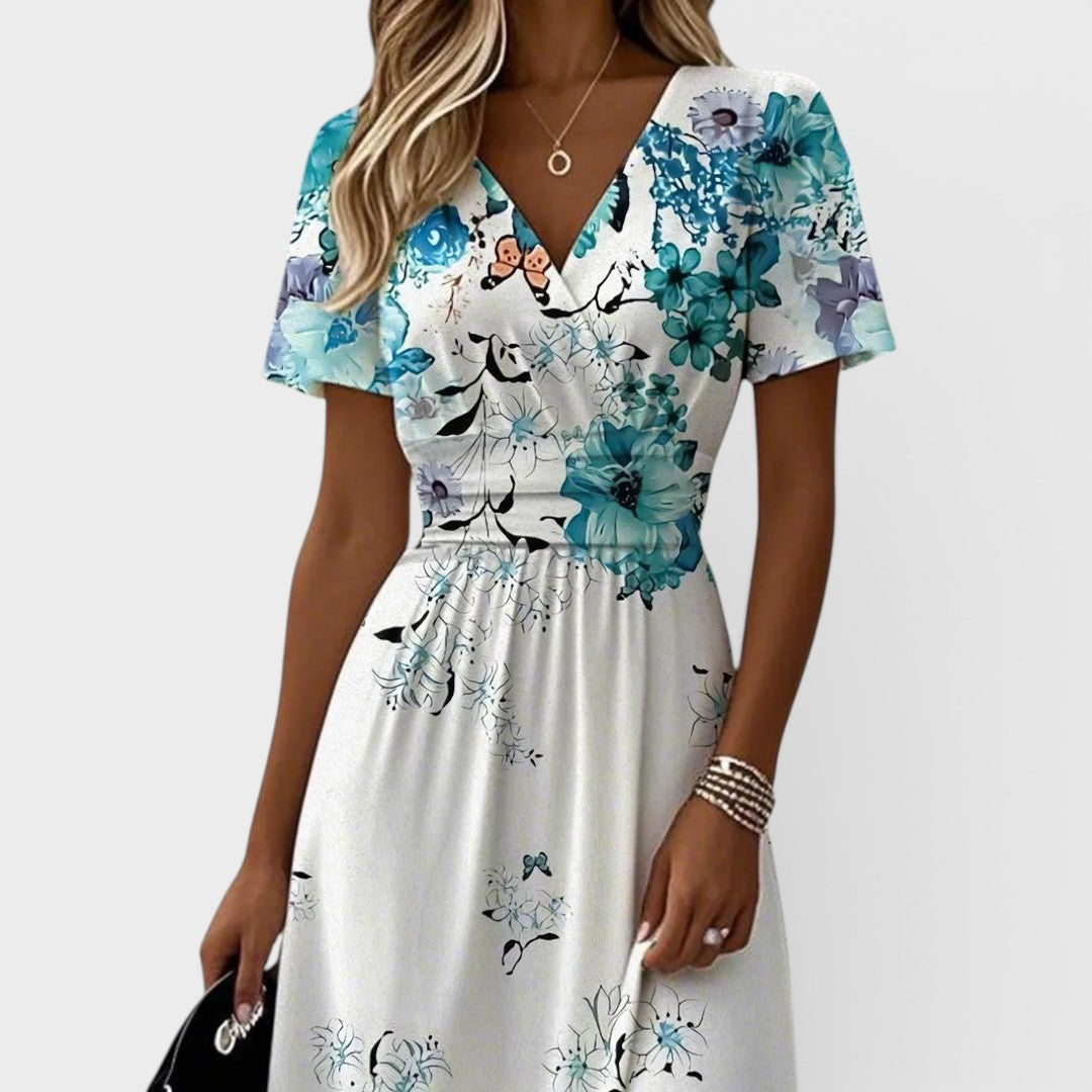Seraphina | Robe Midi à Manches Volantes Fleurie Bleue