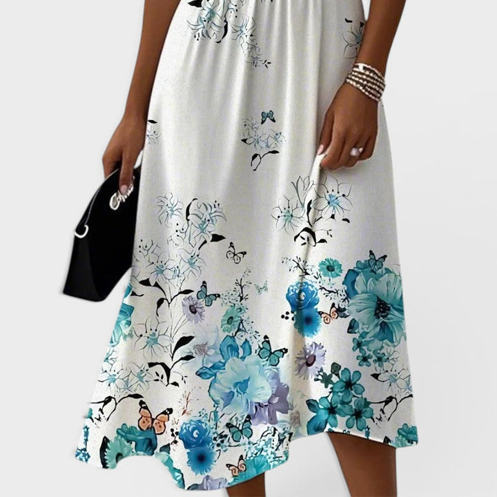 Seraphina | Robe Midi à Manches Volantes Fleurie Bleue