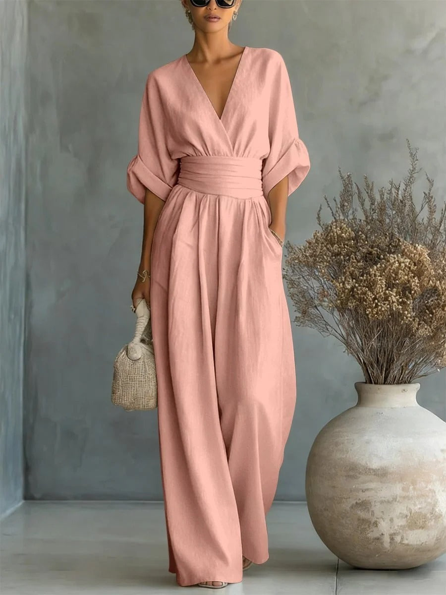 Jumpsuit Élégant à Col V et Taille Haute