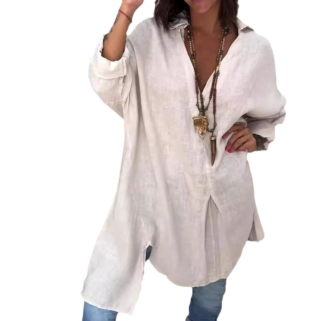 Melis -  Chemise d'été en Coton et Lin avec Décolleté en V
