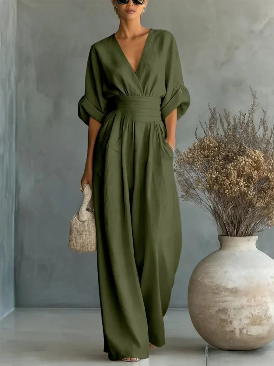 Jumpsuit Élégant à Col V et Taille Haute