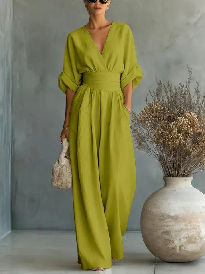 Jumpsuit Élégant à Col V et Taille Haute