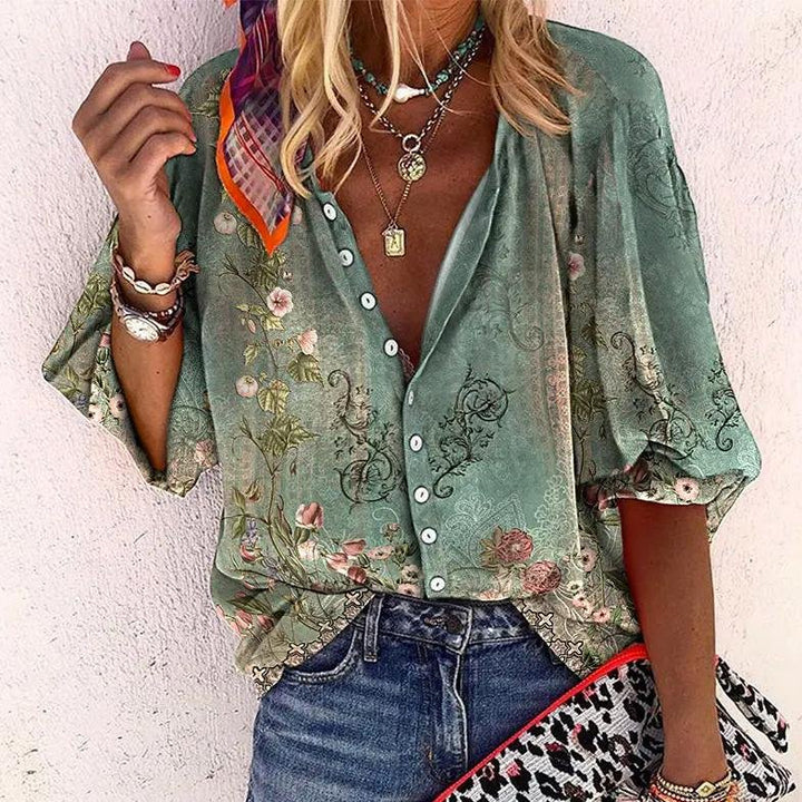 Ava | Blouse Boutonnée à Manches Longues et Col en V Floral Boho pour Femmes