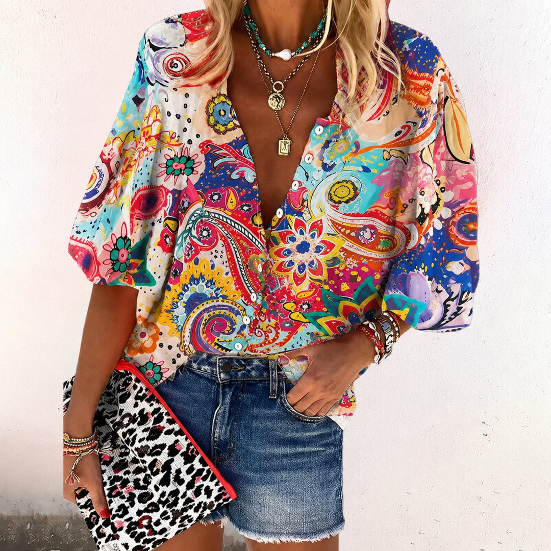 Ava | Blouse Boutonnée à Manches Longues et Col en V Floral Boho pour Femmes
