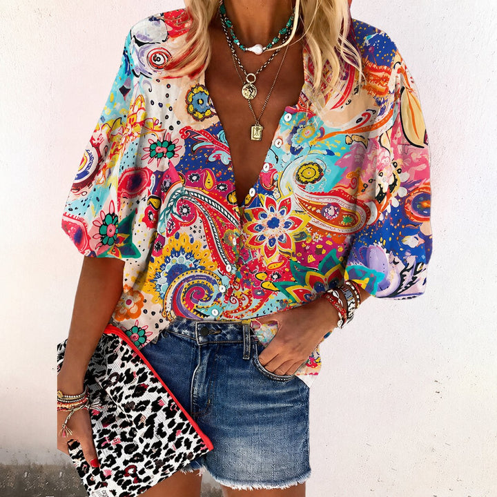 Ava | Blouse Boutonnée à Manches Longues et Col en V Floral Boho pour Femmes