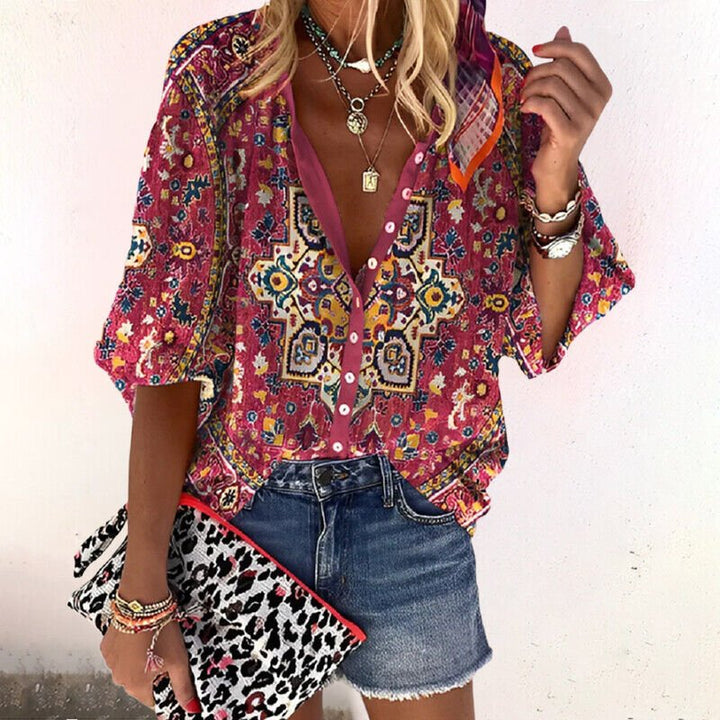 Ava | Blouse Boutonnée à Manches Longues et Col en V Floral Boho pour Femmes