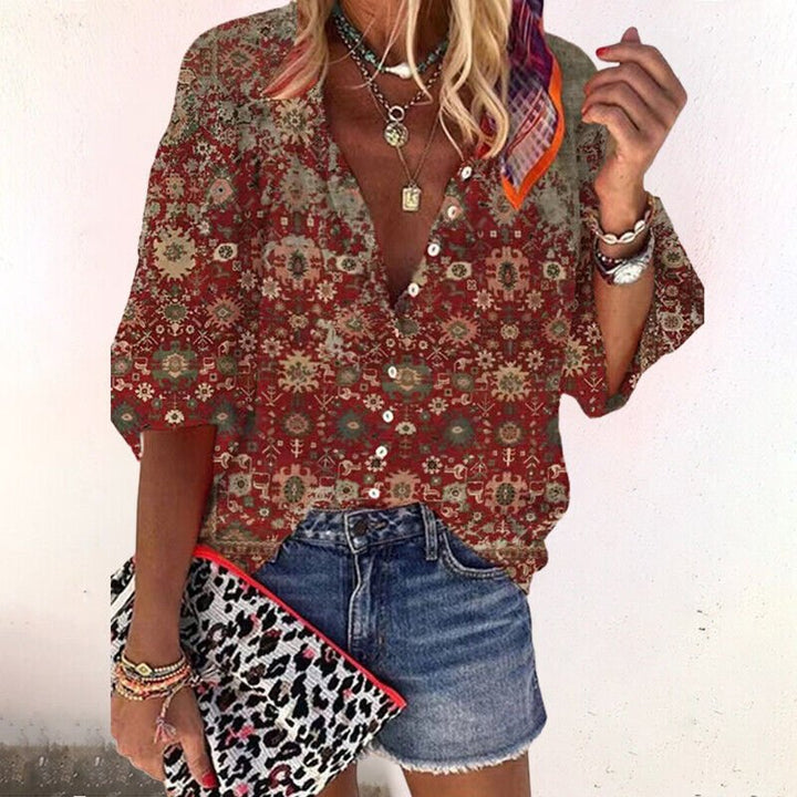 Ava | Blouse Boutonnée à Manches Longues et Col en V Floral Boho pour Femmes