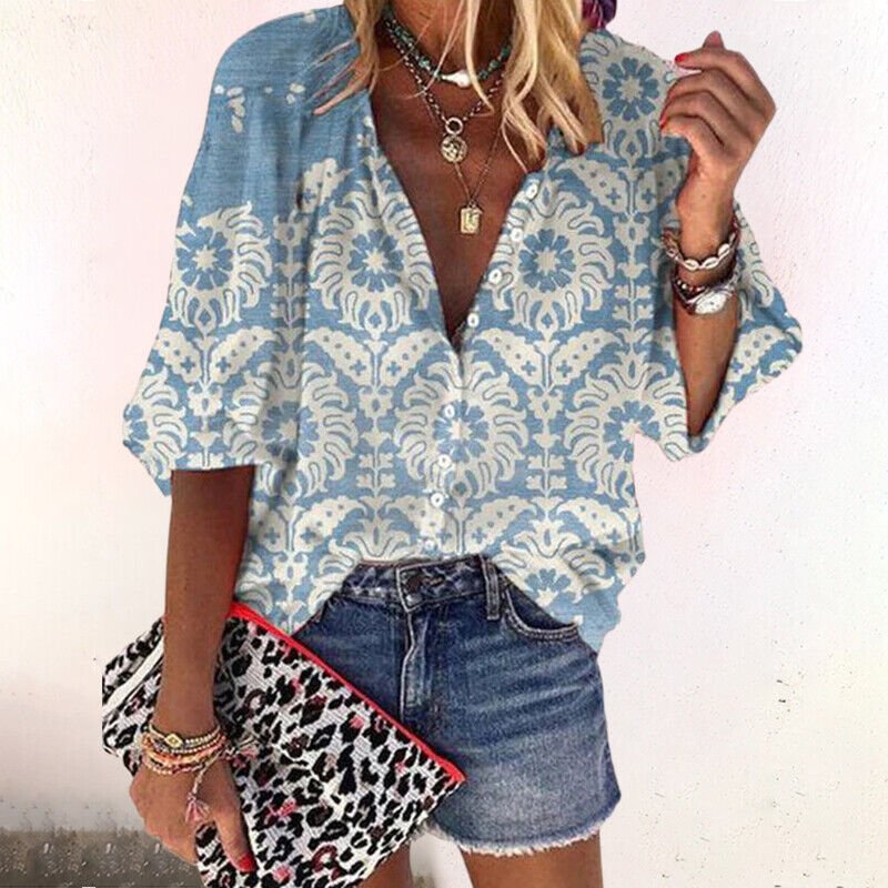 Ava | Blouse Boutonnée à Manches Longues et Col en V Floral Boho pour Femmes